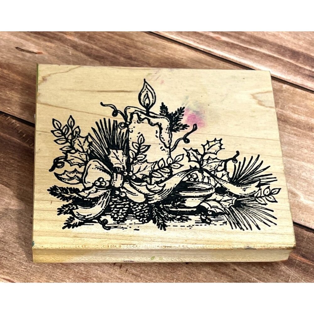 2006 NORTHWOOD'S P2953 CHRISTMAS CANDLE WOOD MOUNTED RUBBER STAMP HOLLY BERRY